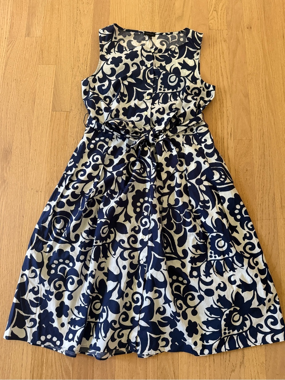 Talbots Size 4 Sleeveless Cotton Poplin Midi Dress Navy White Floral with Belt